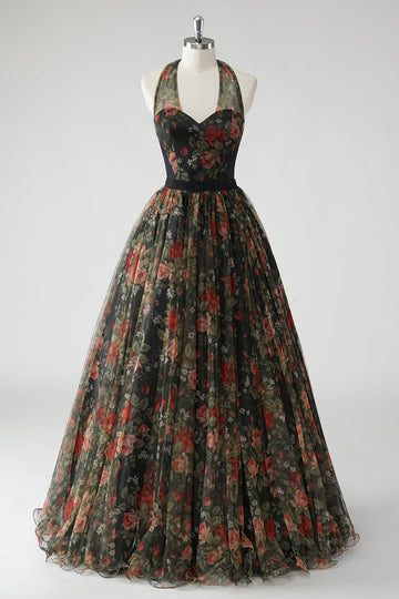 Une ligne Floral Imprimé Dos Nu Robe d’invitée de mariée vert foncé